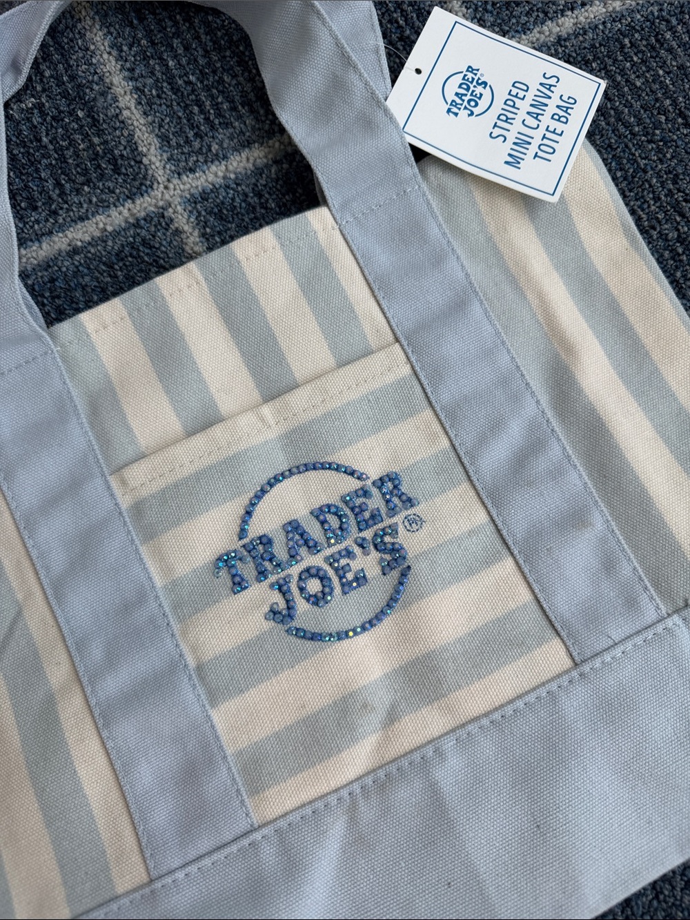 Blinged out Trader Joe's Striped Canvas Tote - Light Blue & Cream